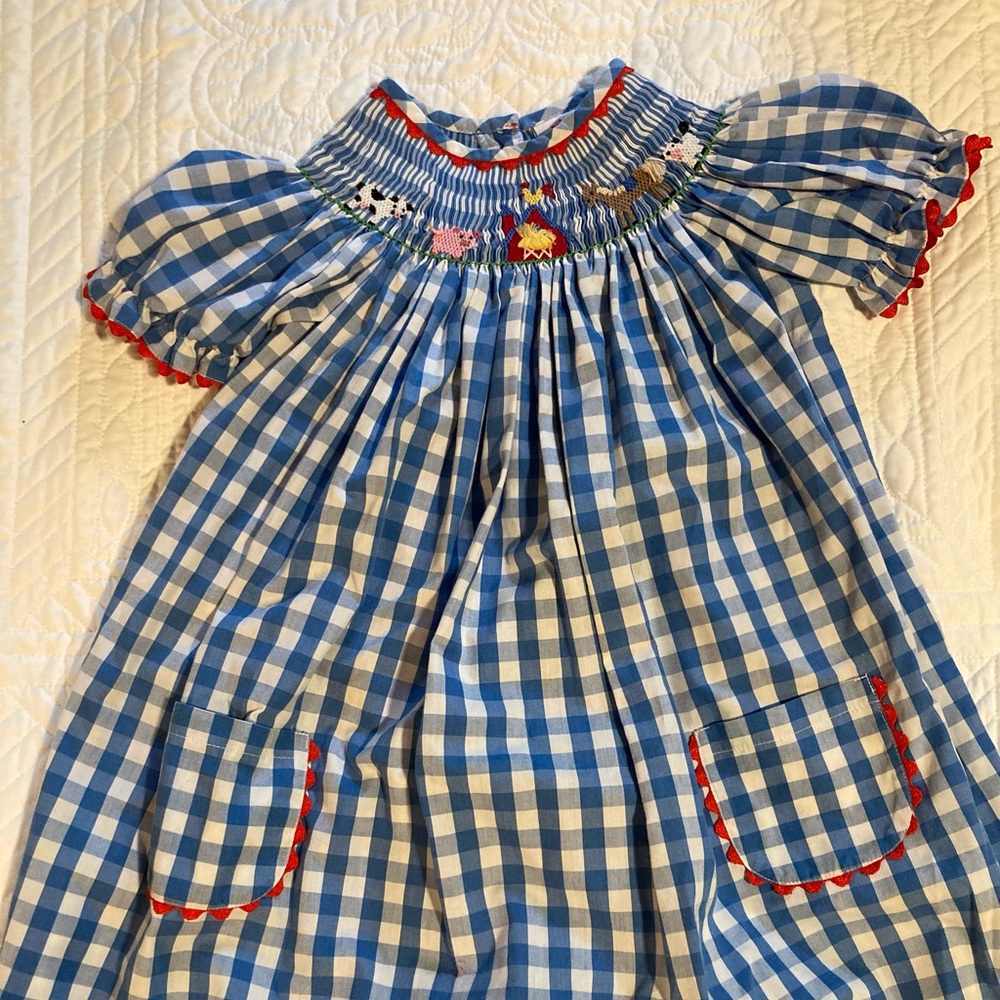 Smocked girls dress farm themed